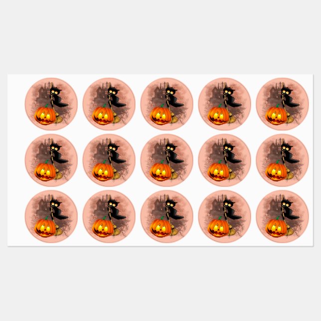 Cat Scared by Pumpkin Fun Halloween Charakter Etiketten (Blatt)