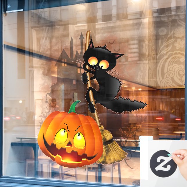 Cat Scared by Pumpkin Fun Halloween Charakter Fensteraufkleber (Café-Fenster)
