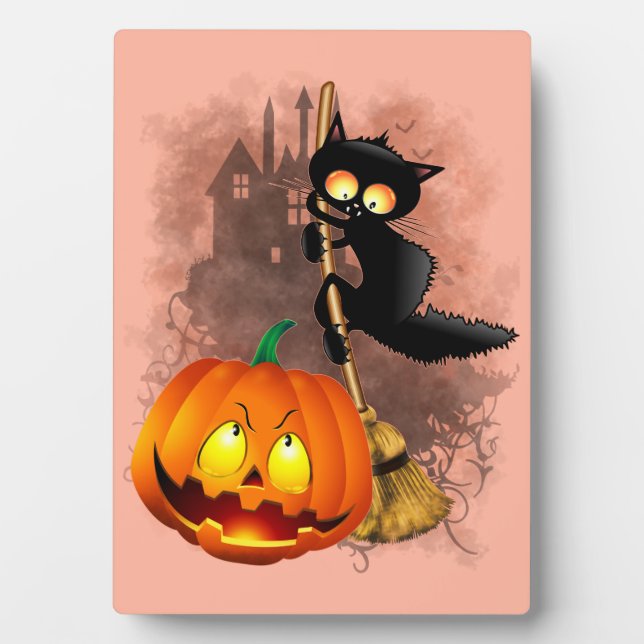 Cat Scared by Pumpkin Fun Halloween Charakter Fotoplatte (Vorderseite)