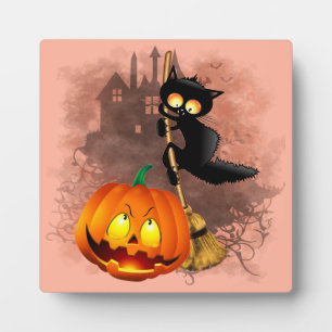 Cat Scared by Pumpkin Fun Halloween Charakter Fotoplatte