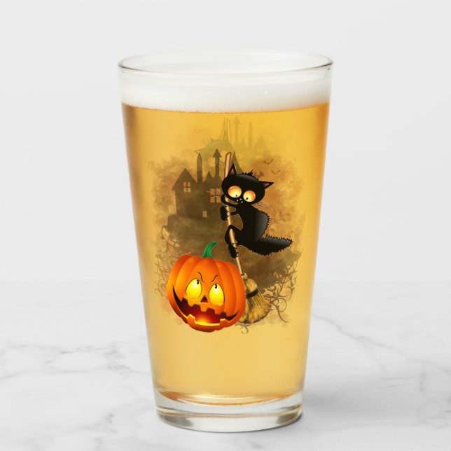 Cat Scared by Pumpkin Fun Halloween Charakter Glas (Vorne (Gefüllt))