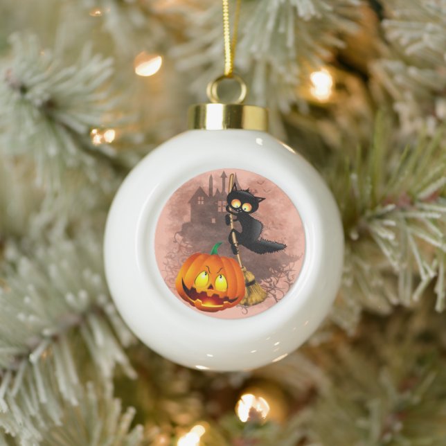 Cat Scared by Pumpkin Fun Halloween Charakter Keramik Kugel-Ornament (Baum)