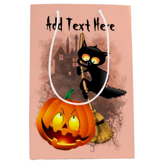 Cat Scared by Pumpkin Fun Halloween Charakter Mittlere Geschenktüte (Vorderseite)