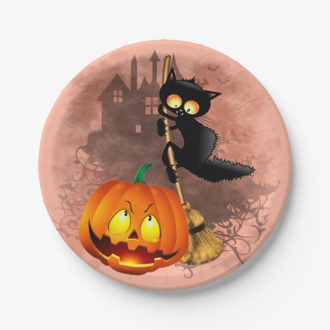 Cat Scared by Pumpkin Fun Halloween Charakter Pappteller (Vorderseite)
