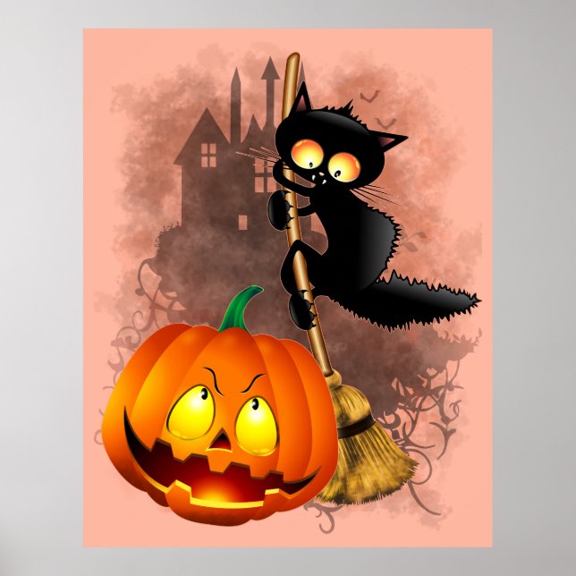 Cat Scared by Pumpkin Fun Halloween Charakter Poster (Vorne)