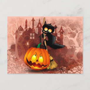 Cat Scared by Pumpkin Fun Halloween Charakter Postkarte