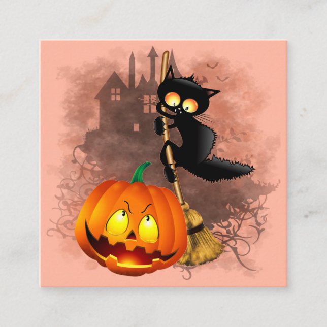 Cat Scared by Pumpkin Fun Halloween Charakter Quadratische Visitenkarte (Vorderseite)