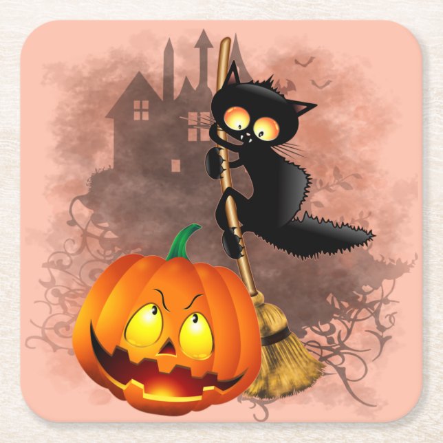 Cat Scared by Pumpkin Fun Halloween Charakter Rechteckiger Pappuntersetzer (Vorderseite)