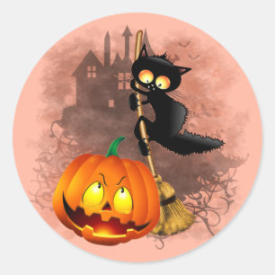 Cat Scared by Pumpkin Fun Halloween Charakter Runder Aufkleber