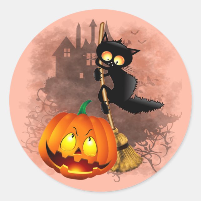 Cat Scared by Pumpkin Fun Halloween Charakter Runder Aufkleber (Vorderseite)