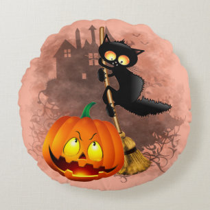 Cat Scared by Pumpkin Fun Halloween Charakter Rundes Kissen