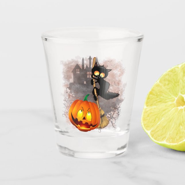 Cat Scared by Pumpkin Fun Halloween Charakter Schnapsglas (Vorderseite)