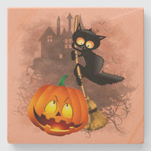 Cat Scared by Pumpkin Fun Halloween Charakter Steinuntersetzer