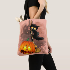 Cat Scared by Pumpkin Fun Halloween Charakter Tasche