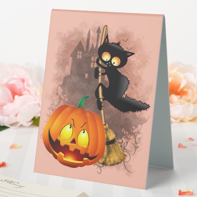 Cat Scared by Pumpkin Fun Halloween Charakter Tischaufsteller (In Situ (Hochzeit))