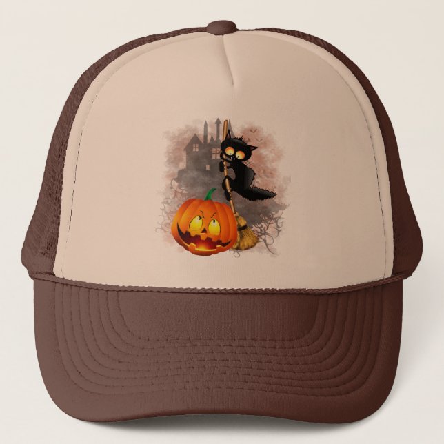 Cat Scared by Pumpkin Fun Halloween Charakter Truckerkappe (Vorderseite)