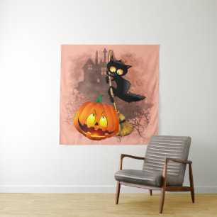 Cat Scared by Pumpkin Fun Halloween Charakter Wandteppich