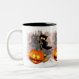 Cat Scared by Pumpkin Fun Halloween Charakter Zweifarbige Tasse
