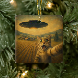 Cat Selfie mit Alien UFO Funny Cat Geschenke Keramikornament