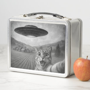 Cat Selfie mit Alien UFO Funny Cat Geschenke Metall Brotdose
