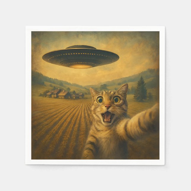Cat Selfie mit Alien UFO Funny Cat Geschenke Serviette (Vorderseite)