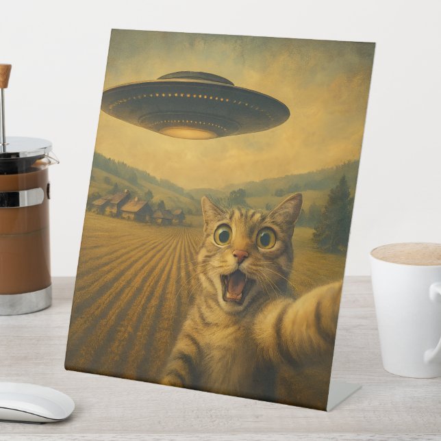 Cat Selfie mit Alien UFO Funny Cat Geschenke Sockelschild (In Situ)