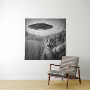 Cat Selfie mit Alien UFO Funny Cat Geschenke Wandteppich
