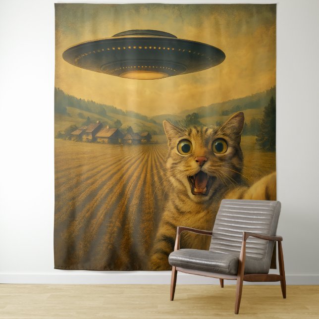 Cat Selfie mit Alien UFO Funny Cat Geschenke Wandteppich (Beispiel)