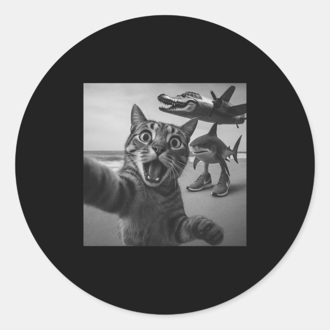 Cat Selfie Shark Crocodile Italian Brainrot Meme M Runder Aufkleber (Vorderseite)