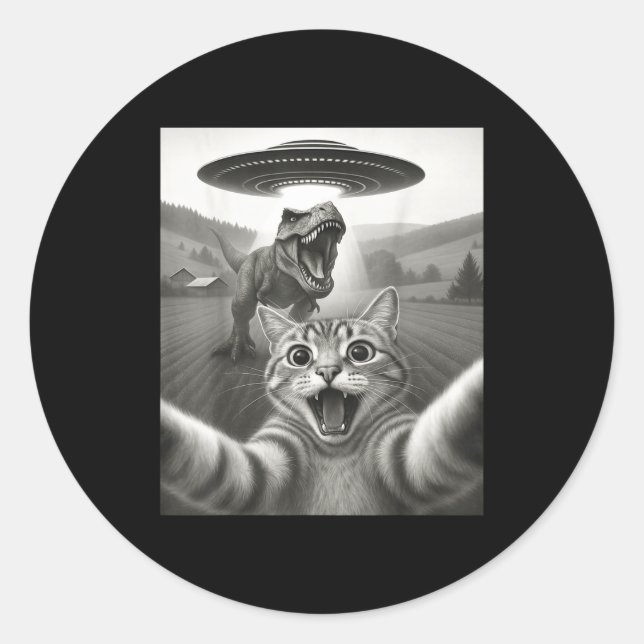 Cat Selfie With Alien Ufo &amp; T-rex Dinosaur Fun Runder Aufkleber (Vorderseite)