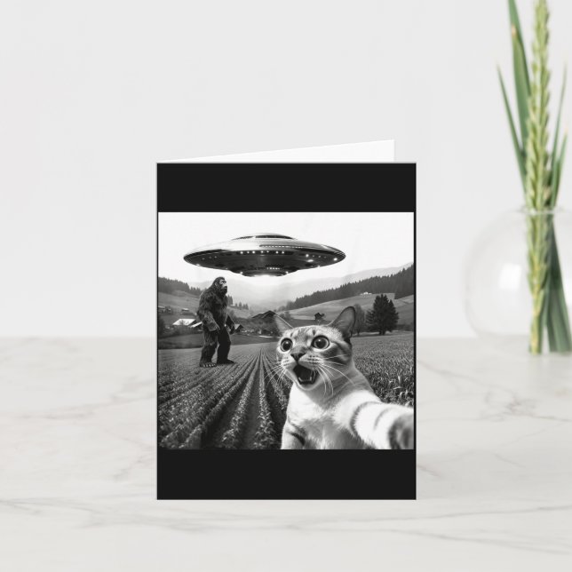 Cat Selfie With Alien Ufo Funny Cat Alien Bigfoot  Karte (Vorderseite)