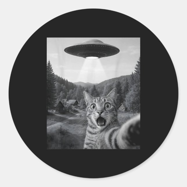 Cat Selfie With Alien Ufo Funny Cat Funny Ed Cat  Runder Aufkleber (Vorderseite)