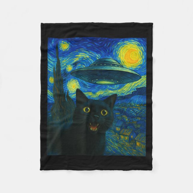 Cat Selfie With Alien Ufo Night Van Gogh Men Women Fleecedecke (Vorderseite)