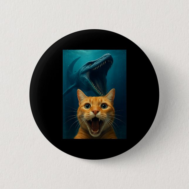 Cat Selfie With Mosasaurus Dinosaur For Boys Kids  Button (Vorderseite)
