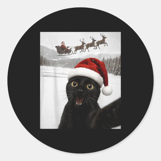 Cat Selfie With Santa Funny Black Cat Christmas Me Runder Aufkleber (Vorderseite)