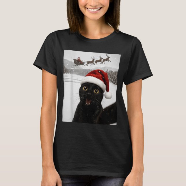 Cat Selfie With Santa Funny Black Cat Christmas Me T-Shirt (Vorderseite)