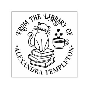Cat Sitting on Books #3, Coffee Tasse Library Name Permastempel