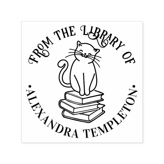 Cat Sitting on Books #3 "From the Library" Name Permastempel (Design)