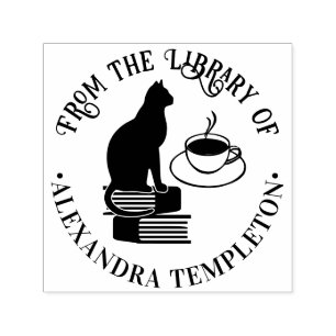 Cat Sitting on Books, Coffee Library Book Name Permastempel
