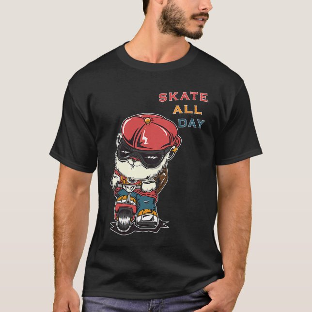 Cat Skate All Day Gangster Cat Scooter T-Shirt (Vorderseite)