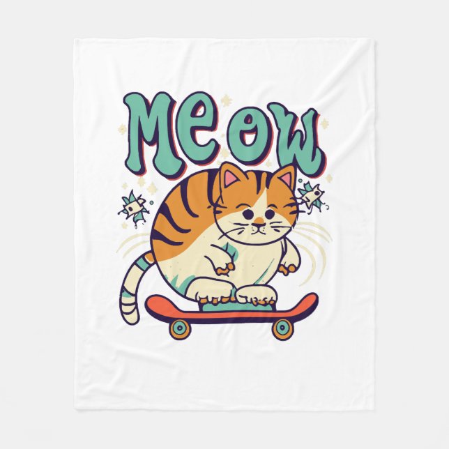 Cat Skaten Meow Fleecedecke (Vorderseite)