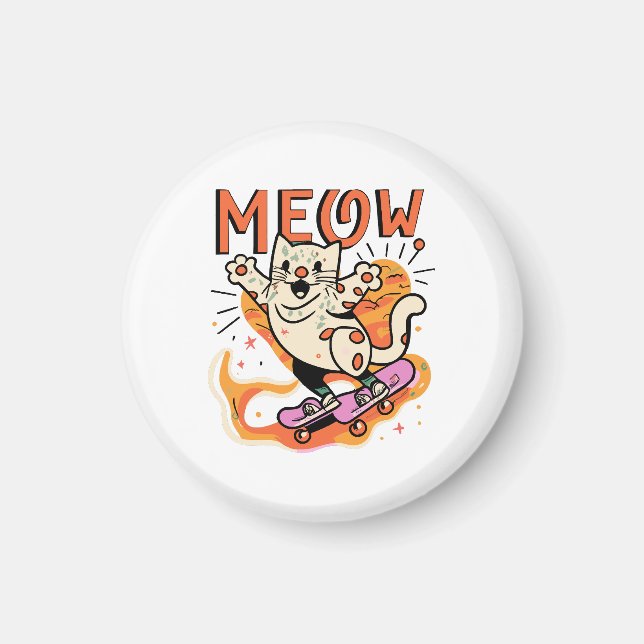 Cat Skaten Meow Magnet (Vorne)