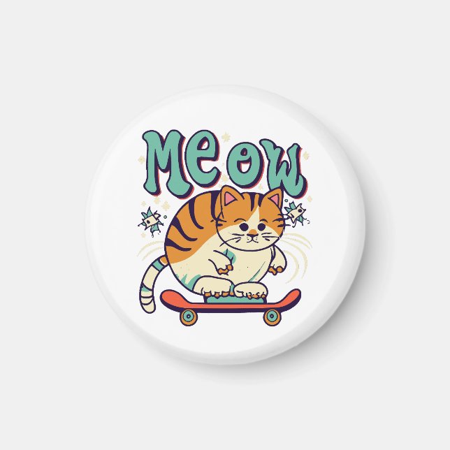 Cat Skaten Meow Magnet (Vorne)