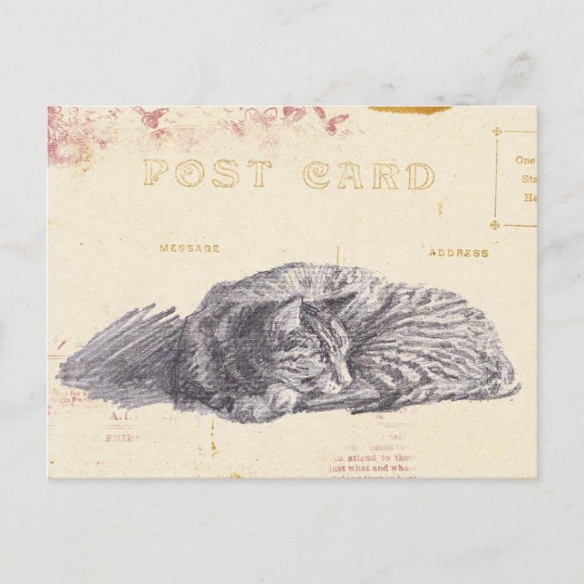 Cat Sketch Gold und Rosa Vintage Postkarte (Vorderseite)