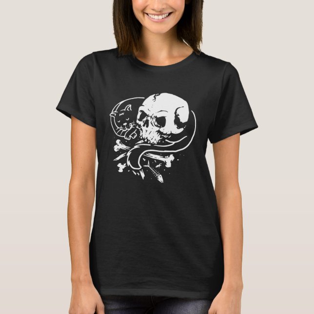 Cat Skull Kitty  Skeleton Halloween Themed Costume T-Shirt (Vorderseite)