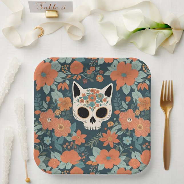 Cat Skull Orange Floral Dark Green Pappteller (Hochzeit)