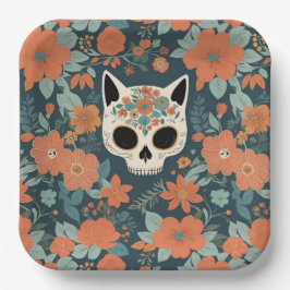 Cat Skull Orange Floral Dark Green Pappteller