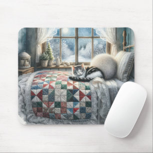 Cat Sleeping on Bed Quilt Mousepad