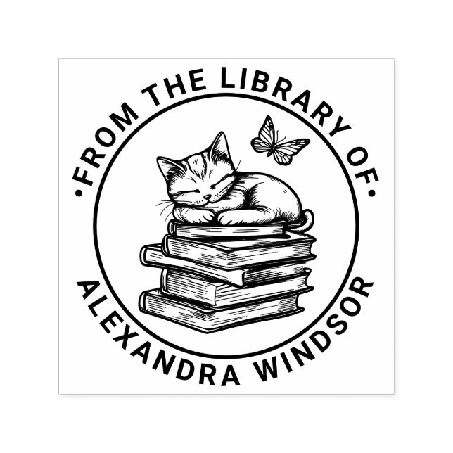 Cat Sleeping on Books, Butterfly Library Book Name Permastempel (Design)