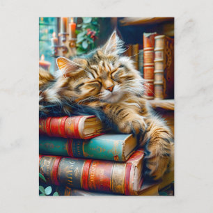 Cat Sleeping on Pile of Books Postkarte
